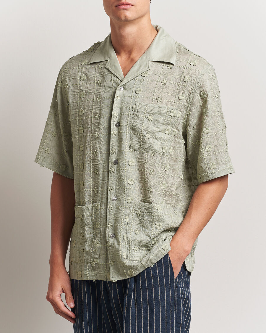NN07 Ben Lyocell Fil-Coupé Embroidery Anglaise Shirt Sage Green men M Grøn