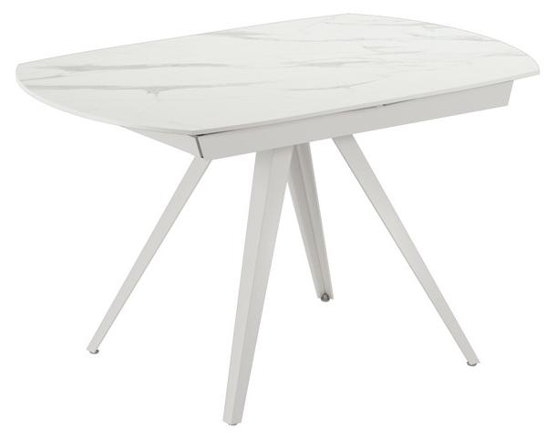 Ausziehbarer moderner Tisch Kyoto 120 in Calacatta-Weiß-Marmoroptik mit weißem Metallgestell - Möbel im zeitgenössischen Design