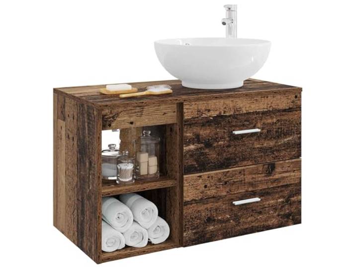 SKTQYQO Badezimmermöbel-Set, 2-teilig, antikes Holz Holztechnik, Wandmontage, 1 Einlegeboden und 1 Schublade, Mit Waschbecken und Wasserhahn, Flexibles Bohren