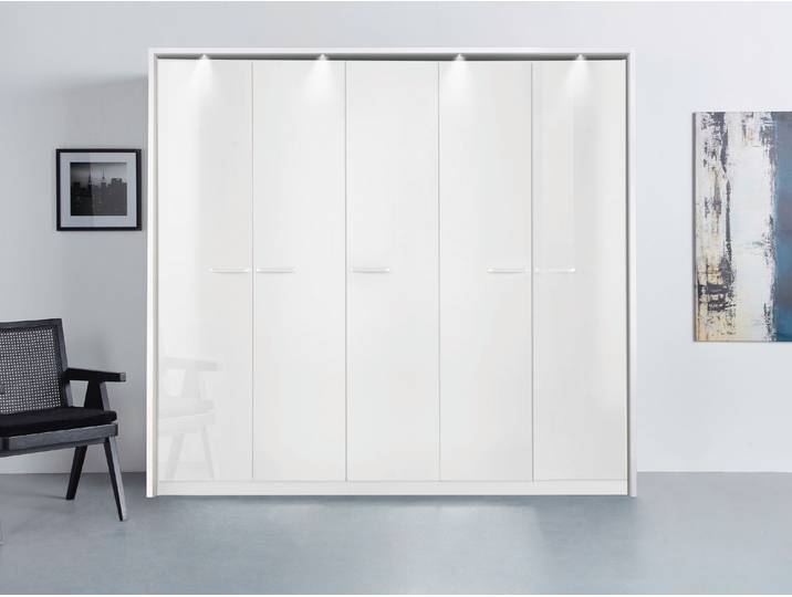 Drehtürenschrank, Holzwerkstoff, Hochglanz Weiß, 230×212×58 cm, Mit Beleuchtung, Modern, Rauch