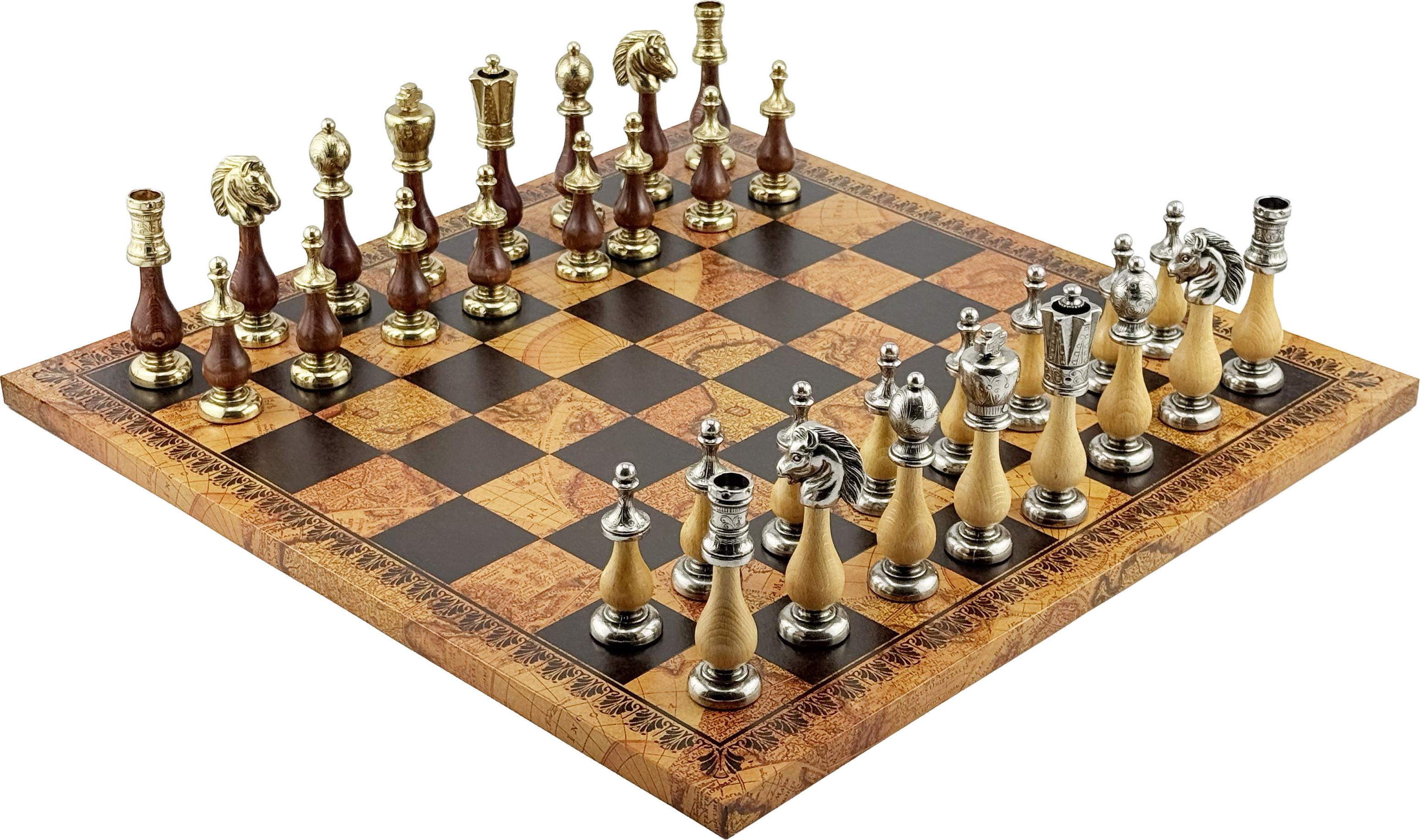 Staunton Schachset 10 cm mit Kunstleder Schachbrett Antikkarte 45 cm