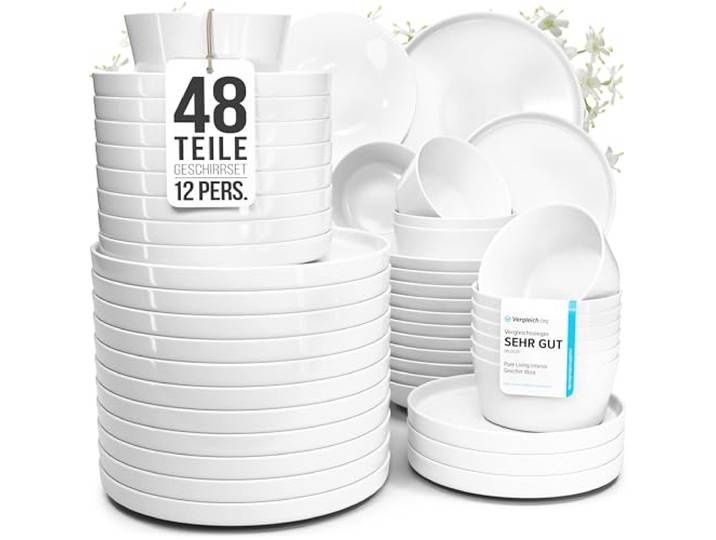 Porzellan Geschirrset 12 Personen Crystal 48 tlg. TESTSIEGER, Cooles klares Porzellan Geschirr Set, Schüssel- und Teller Set, Tafelservice 12 Personen, Geschirrsets Pure Living in weiß