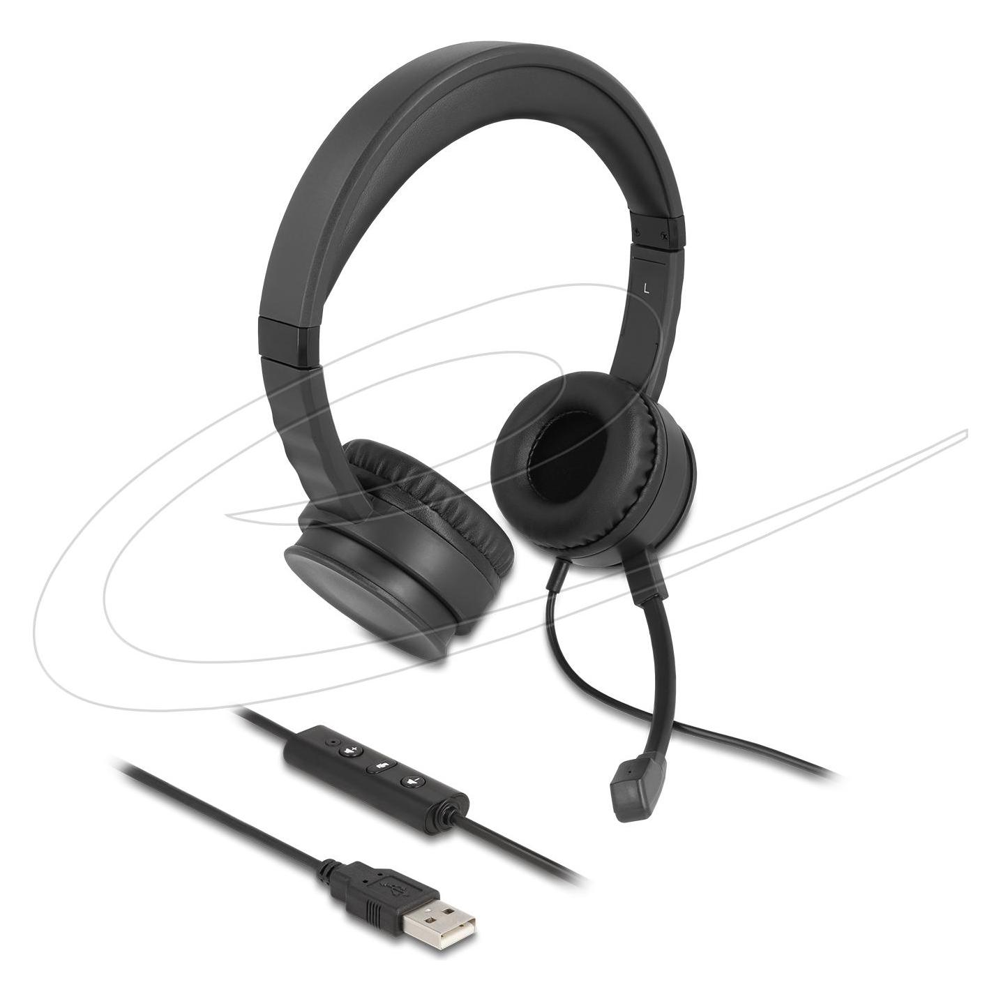 Delock USB Stereo Headset mit Kabelfernbedienung und Quick-Mute Taste für PC und Notebook (Kabelgebunden, USB-A) (27180)