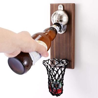 Universal Stock Basketball Magnetic Wall Mounted Wooden Bottle Opener With Cap Catcher Gift Basketball Magnetic Wall Mounted Wooden Bottle Opener With Cap Catcher Gift
