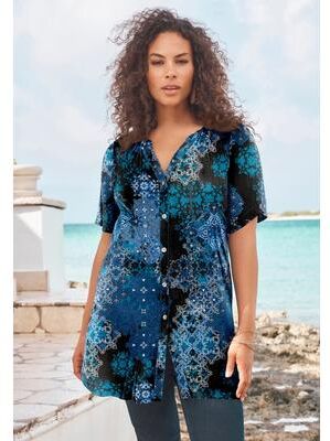 Plus Size Women's Plus Size Angelina Crinkle Crepe Y-Neck Short Sleeve Tunic by Roaman's in Black Layered Medallion (Size 42 W) Long Button Front Shi