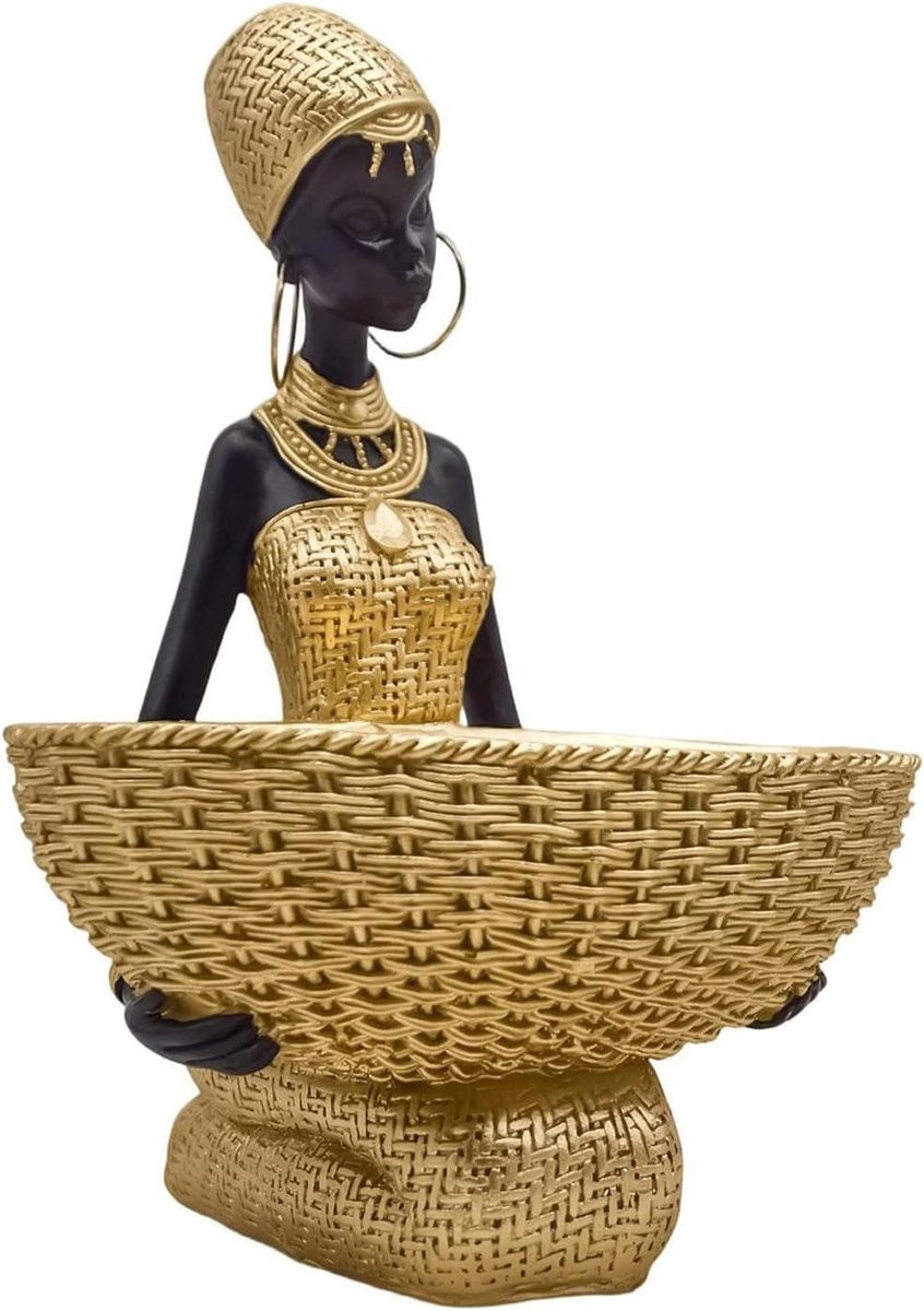 Afrikaanse sculptuur Tribal vrouwenfiguren Handgesneden decoratie Goud zwart B/D/H: 20 x 20 x 20 cm