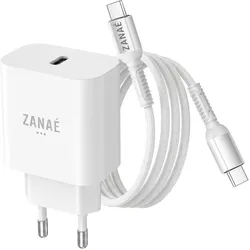 Zanaé USB-C Ladegerät 20W Power Delivery mit knickfestem USB-C Kabel (20 W), USB Ladegerät, Weiss