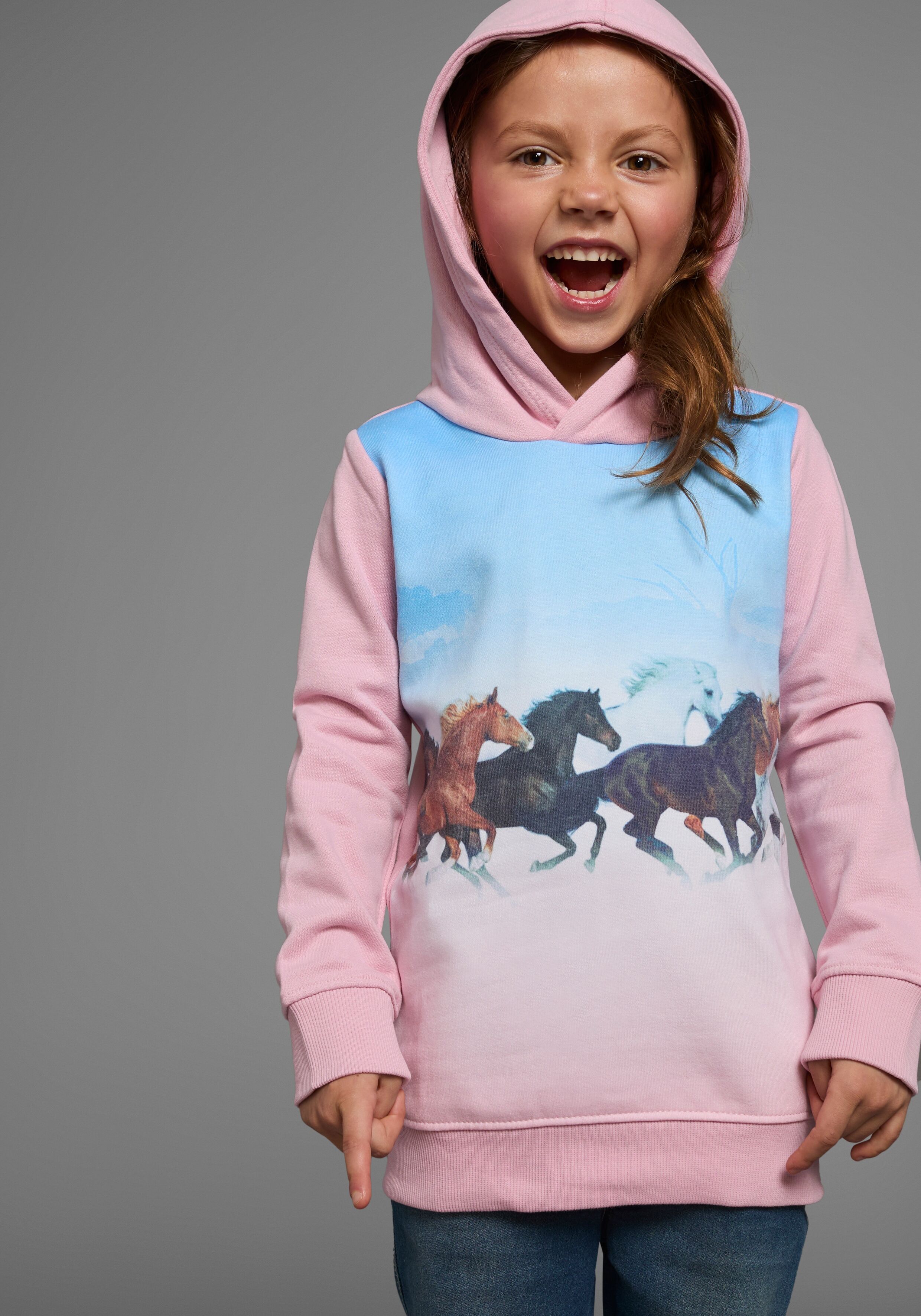Kapuzensweatshirt KIDSWORLD "für kleine Mädchen", Mädchen, Gr. 116/122, bunt (rosa), angeraute Sweatware, Obermaterial: 100% Baumwolle. Vorderteil: 65% Polyester, 35% Baumwolle, bedruckt, Basic Po-bedeckend, Bündchen, Sweatshirts Kapuzensweatshirt, Langar