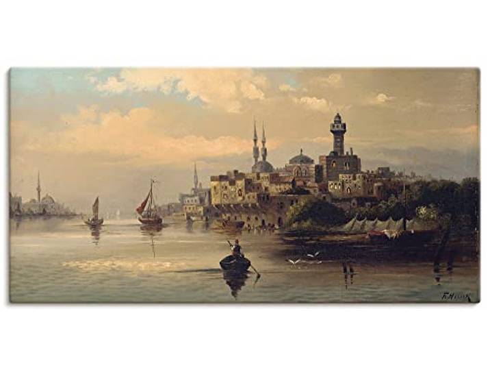 ARTLAND Wanddeko Leinwand Bilder Wandbild 150x75 cm Türkei Istanbul Fluss Boot Kauffahrtsschiffe auf dem Bosporus Impressionismus Karl Kaufmann T6QB
