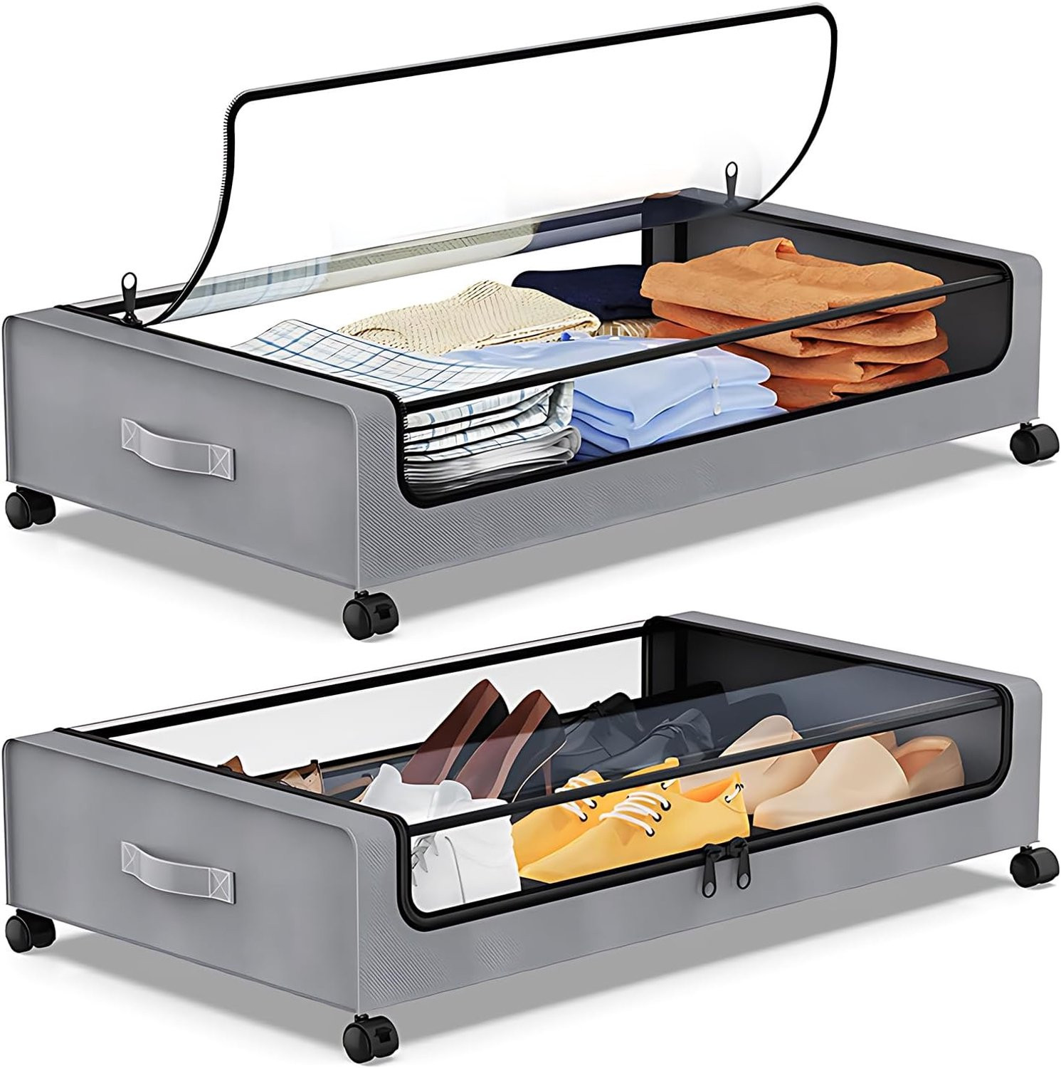 Multifunctionele opbergcontainer voor onder het bed met wielen en deksel, grijs, 1 stuk