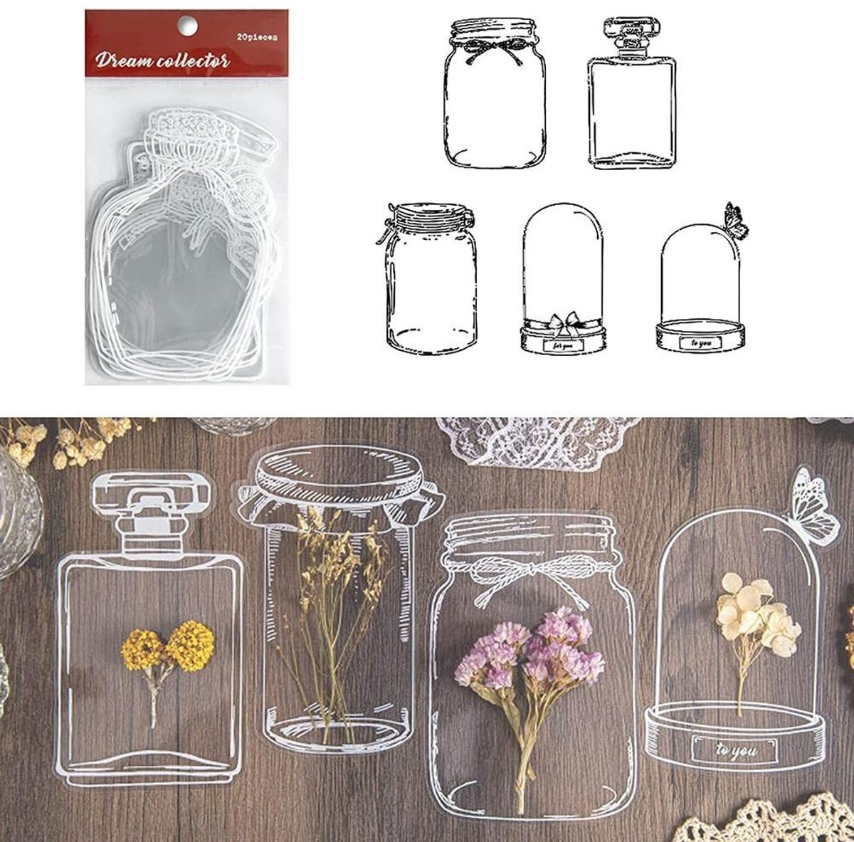 Dailygoods Bladwijzers 20 stuks Transparant met Gedroogde Bloemen Zelfklevend