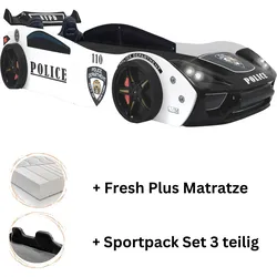 Autobett "Police" + Sportsitze Spielbett für Kinder 90x200 inkl. Lattenrost und Fresh Plus Matratze