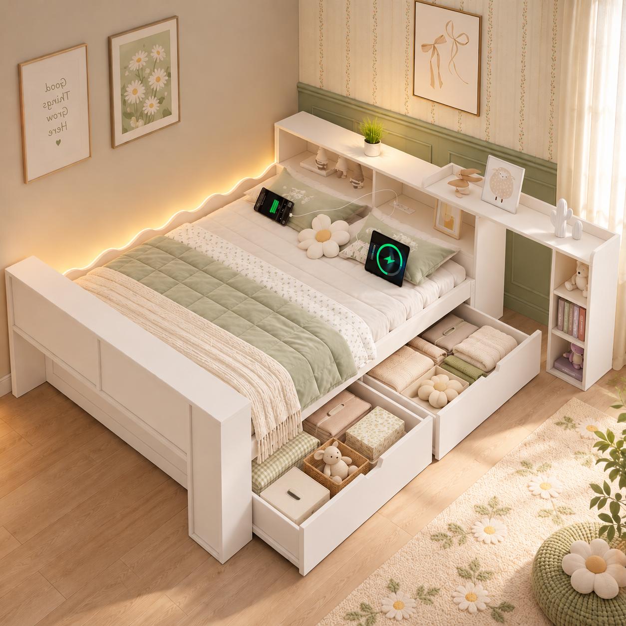 Merax Funktionsbett 140x190cm mit 2 Schubladen, Kinderbett mit LED & Ladestation, ausziehbarer Schreibtisch, Kopfteil flexibel montierbar,Weiß