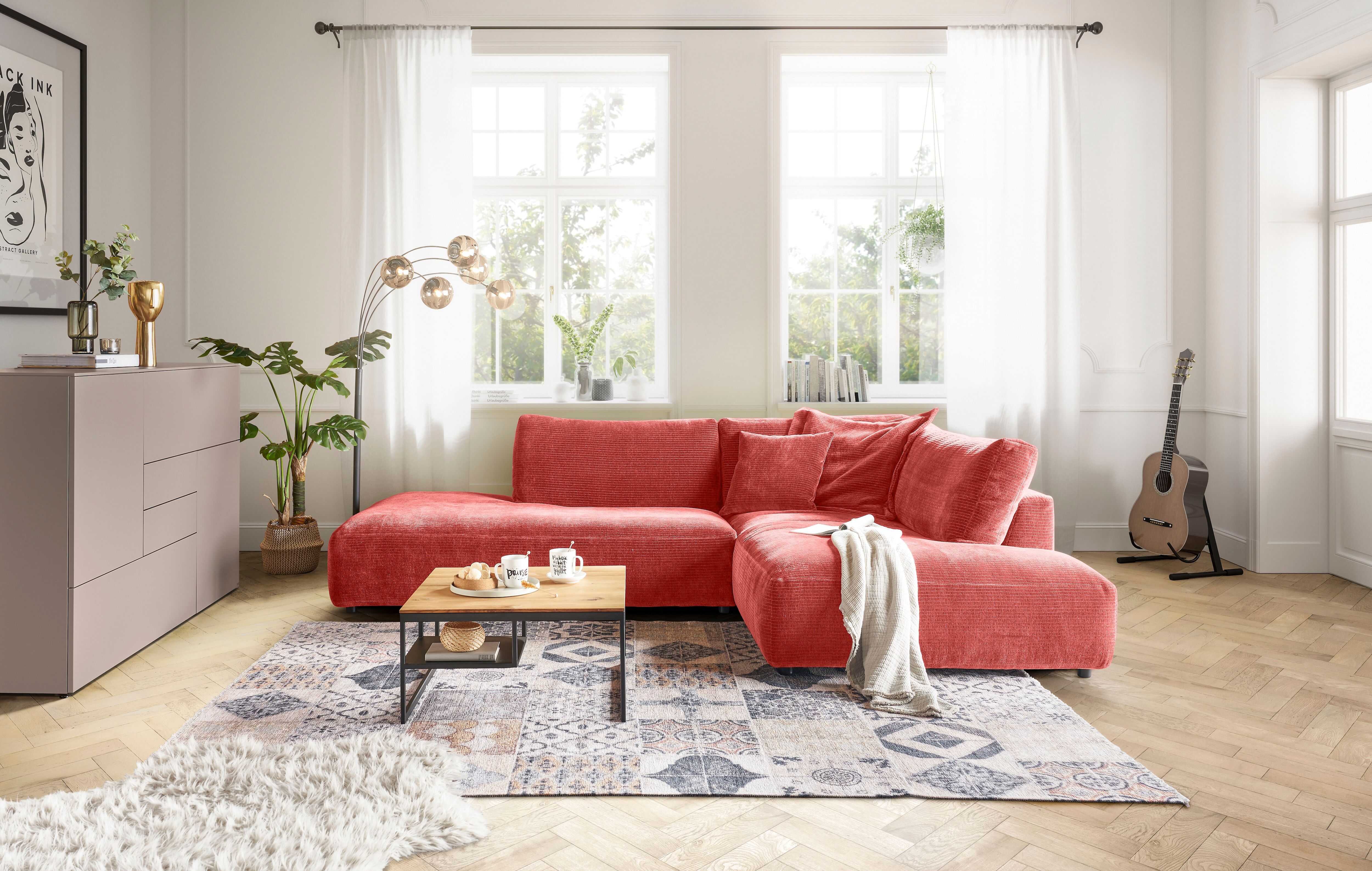 Ecksofa MUSTERRING "Lucia bequem, elegant & zeitlos, elegante Sofa ohne Armlehnen", orange (aperol), B:304cm H:81cm T:224cm, 100% Polyester, Sofas, Ecksofa, mit grossem Longchair, verschiedene Farben, B304 x T224 cm aperol B/H/T: 304cm x 81cm x 224cm, Che