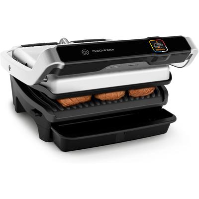 Kontaktgrill TEFAL "GC750D OptiGrill Elite", schwarz (edelstahlfarben, schwarz), B:36,3cm H:18cm T:34,1cm, Kontaktgrill_Standgrill_Tischgrill_Teppanyakigrill, 12 Programme, intuitiver Sensor, Grillboost-Funktion, Rezeptbuch App