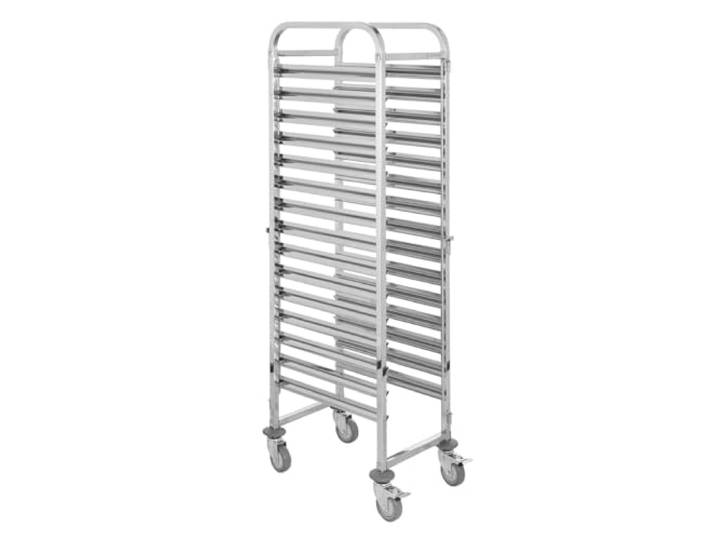 GastroHero Regalwagen, Tablettwagen, Einfachschienen, Edelstahl LR-15MEN geeigent für 15 x EN 40x60 cm, 15 Etagen je 30 kg Traglast, Gesamtkapazität bis 300 kg, 4 Lenkrollen, davon 2 mit Bremsen