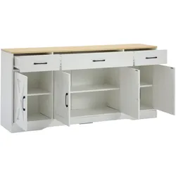 OKWISH Sideboard 35x75x160 cm, 3 Schubladen 4 Türen, modernes TV-Sideboard, skandinavischer Stil, flexible Aufbewahrung, MDF weiß mit rohholzfarbener Platte