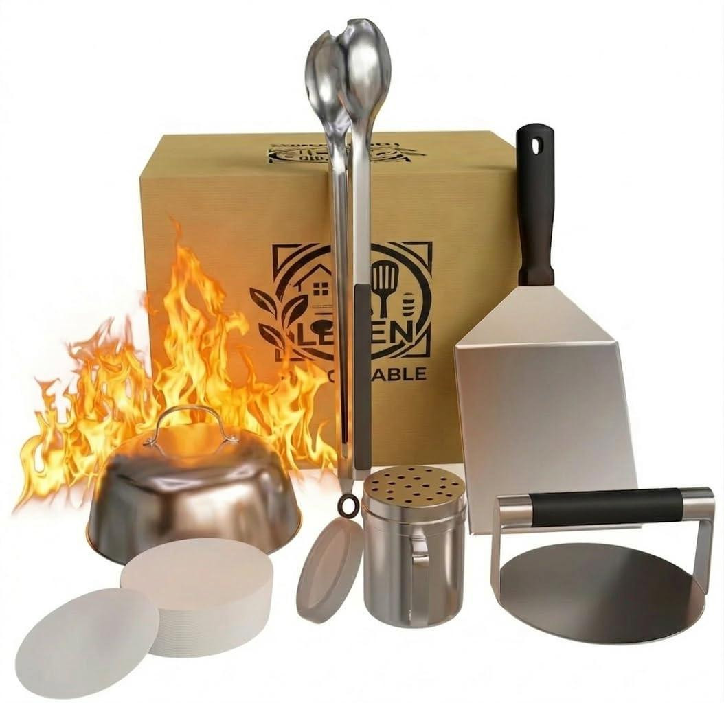 Dripio Smash-burger grillset, 6-delig, roestvrij staal, met pers en accessoires