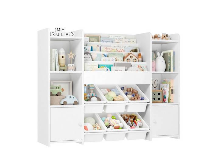Homfa Kinderregal, Kinderbücherregal Spiegelregal mit 6 Boxen weiß 119x29x94 cm