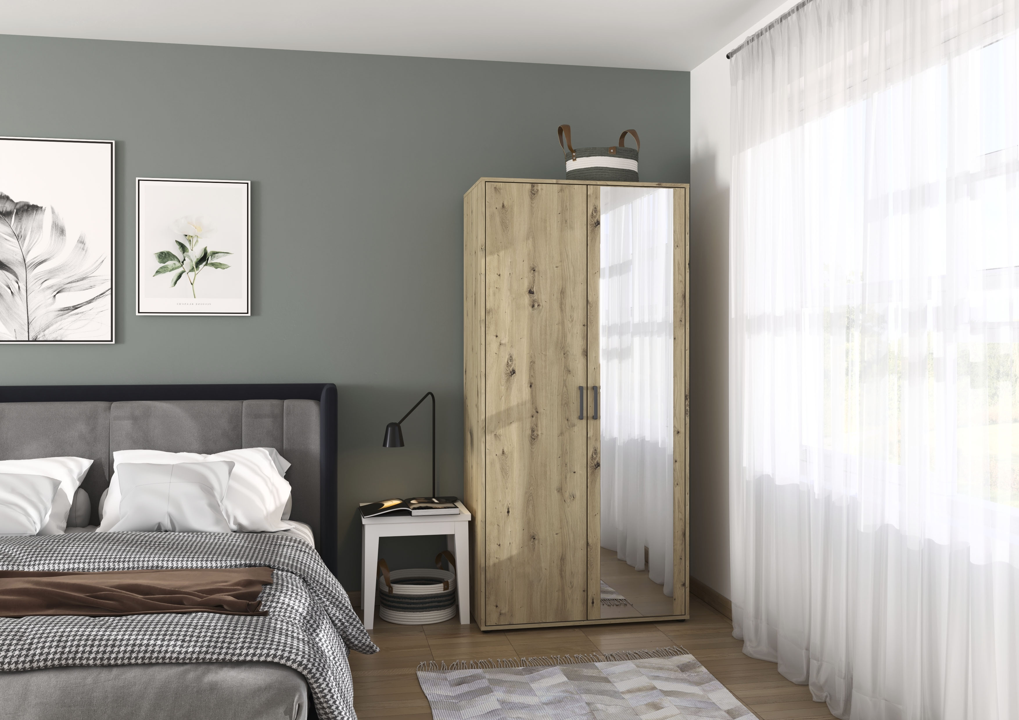 Drehtürenschrank RAUCH "Kleiderschrank Schrank Garderobe Wäscheschrank VOYAGER", braun (eiche artisan), B:93cm H:194cm T:53cm, Holzwerkstoff, Schränke, Drehtürenschrank, mit modernen Griffen in Graumetallic und Spiegel eiche artisan B/H/T: 93cm x 194cm x 