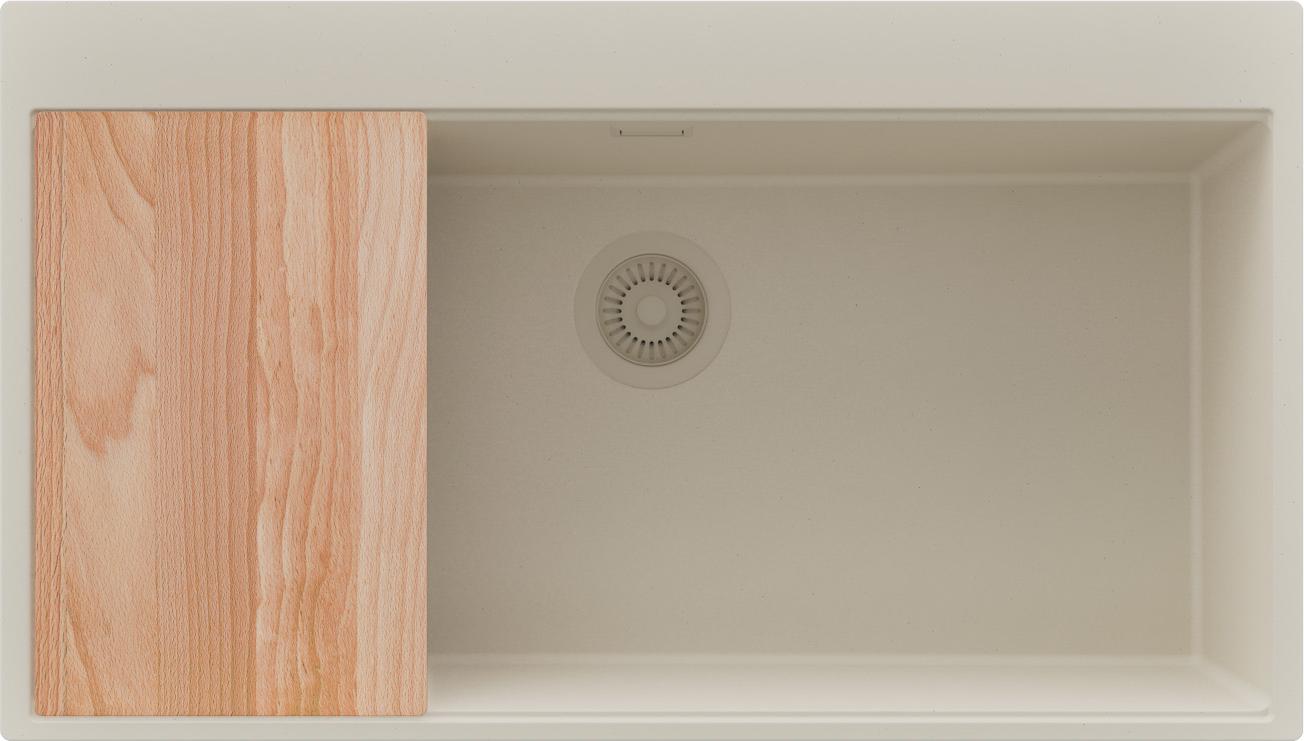 PRIMAGRAN Spülbecken Beige 88x50cm, Granitspüle 1 Becken + Ablauf-Set + Schneidebrett, Küchenspüle ab 90er Unterschrank - Oslo