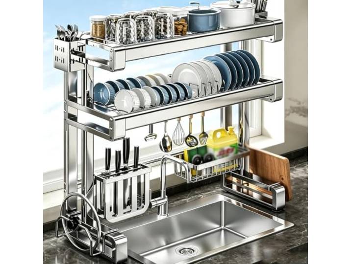 Edelstahl Abtropfgestell über Spüle,Organizer-Gestell für die Küchenspüle Abtropfgestell für die Küchenarbeitsplatte，Multifunktionaler Organizer，Geschirrabtropfgestell(B,67cm/26.4in)