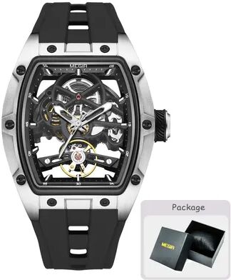 Quick Pick Pro MEGIR Barrel Dial Automatic Mechanical Watch For Men With Silicone Strap & Luminous Hands silver