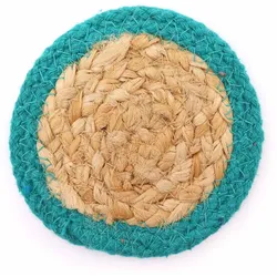 Natural Coaster - Jute & Cotton 10cm  (set of 4) - Teal Boarder
