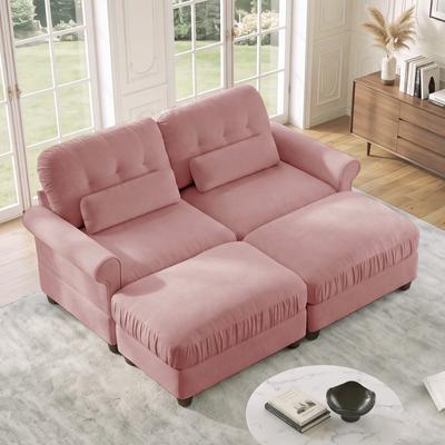 "GDFStudio - 69.2"" Chenille Modular Loveseat Sofa with Ruffled Edge, Rolled Arms and 2 Ottomans"