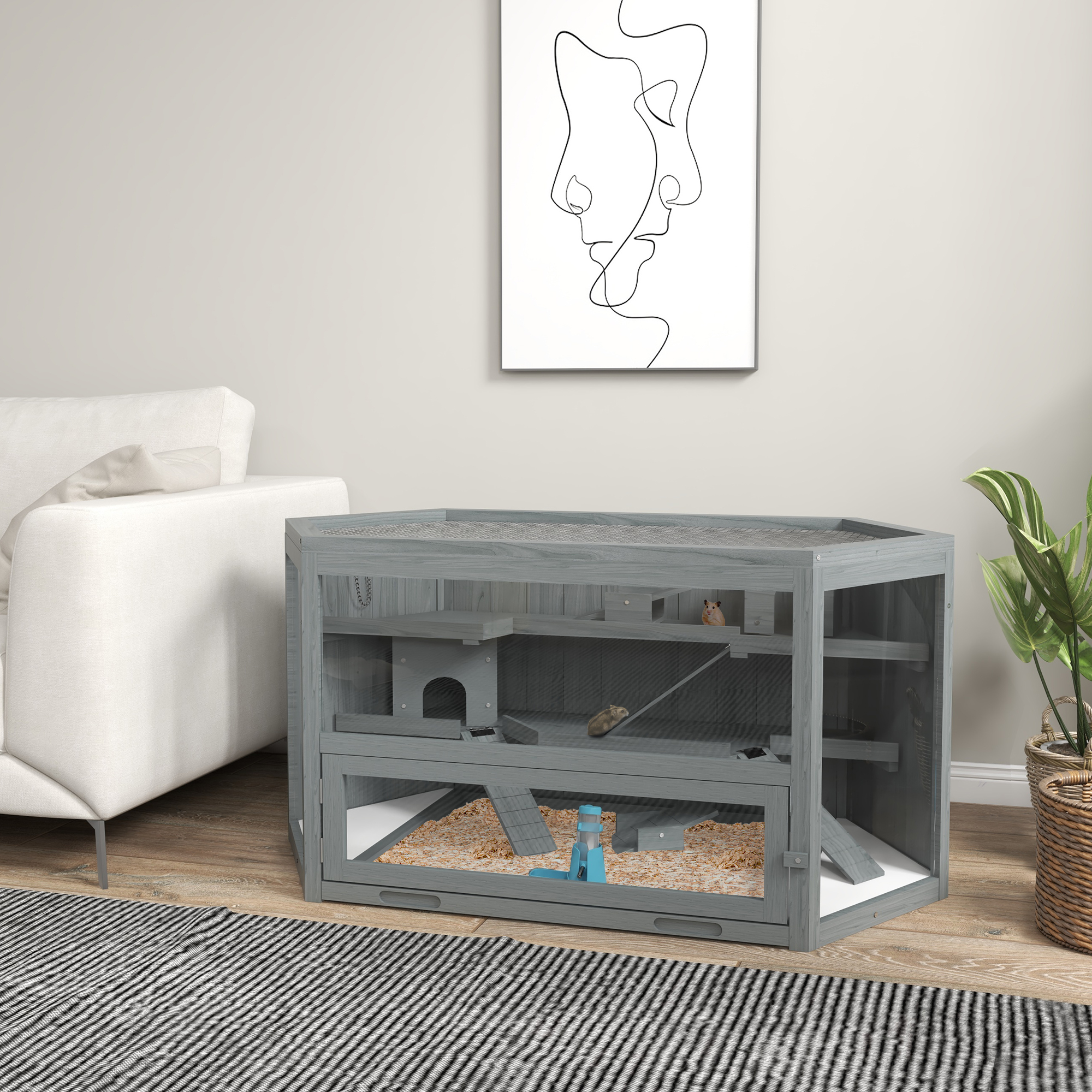 Pawhut Gabbia per criceti, 3 Piani, vassoio removibile, Legno/Metallo, 115x60x55 cm