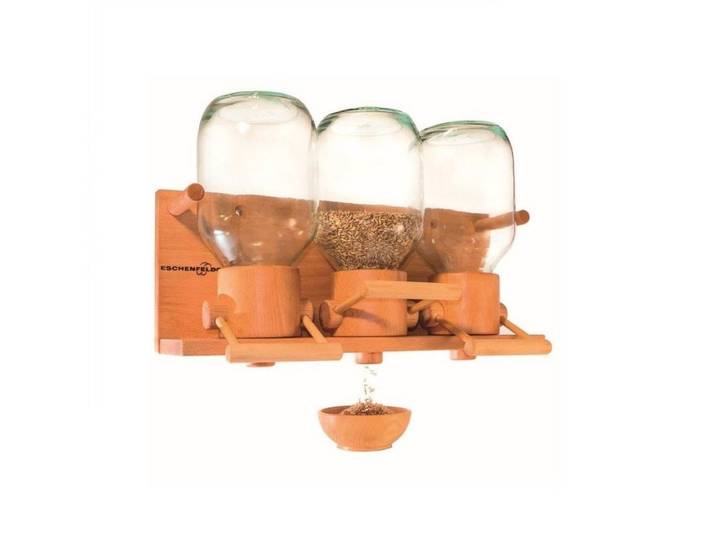 Eschenfelder Getreidemühle Getreidespeicher Körnerspeicher Getreidesilo Glas, Buche massiv, geölt manuell, Fassungsvermögen Glassilo 3 x 2000 ml ca. 1,5 kg Getreide, sortenabhängig, (4 Stück), massiv Buchenholz, Öffner, Abfüllregulierung, Leinöl-Kräueröl-Firnis