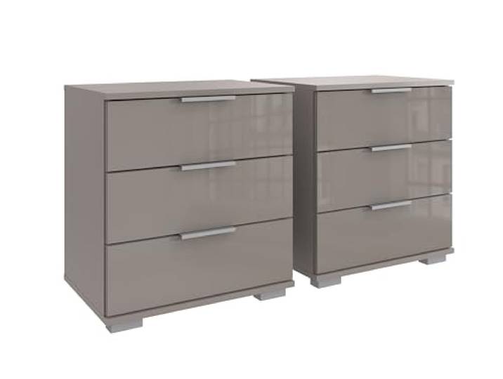 Nachtkommode >Easy Plus< 2er Set, mit 3 Schubladen in SAHARAGRAU, modern & funktional, Made in Germany, pflegeleichte Spanplatte, perfekt für Schlafzimmer, zerlegt geliefert, 52x58x38cm (BxHxT).