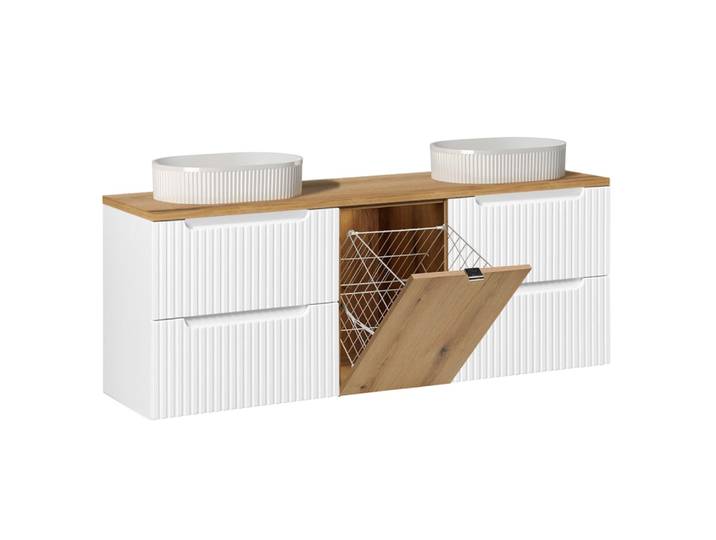 Meuble double vasque 160cm panier panneaux mélaminé et mdf blanc