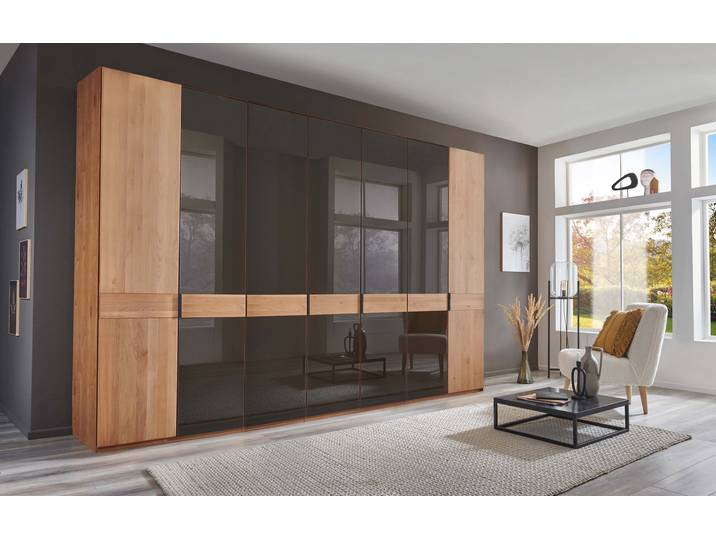Drehtürenschrank, Braun, 344,2x216x58 cm, Massivholz & Floatglas, 5 Glastüren, Modern, Wiemann