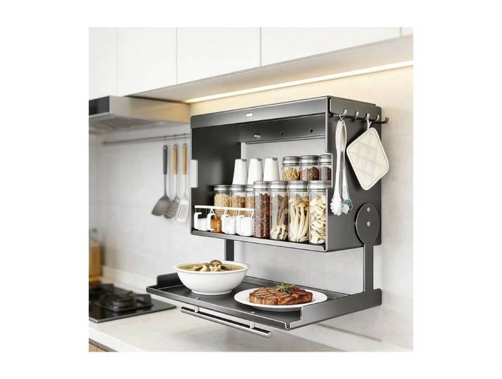 Étagère à Épices Murale Coulissante 2 Niveaux avec Crochets Organisateur de Cuisine en Acier Inoxydable pour Épices Condiments