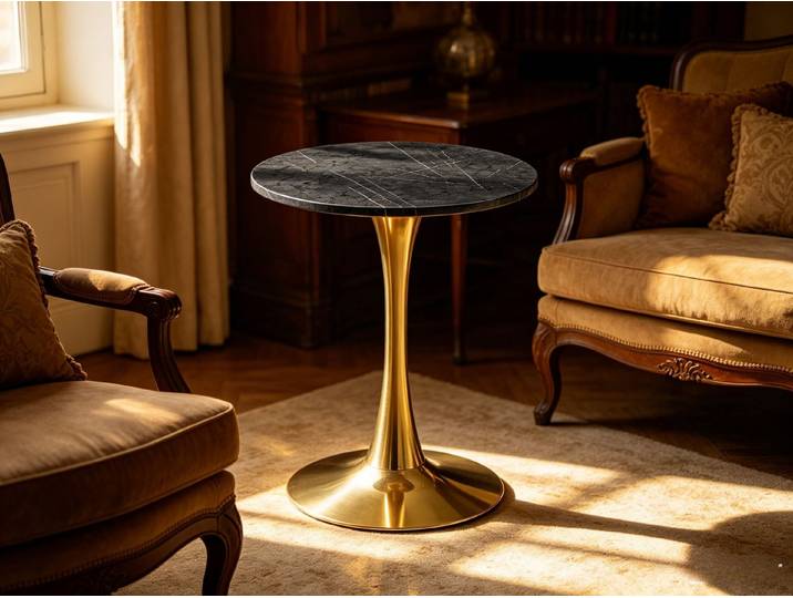 WILLIAMSPACE Beistelltisch WIRE SIDE TABLE – Ø60cm, Marmoroptik, Metallfuß, rund, Konische Beine,runden,Platz sparen,luxuriös