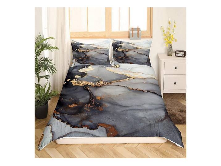 LuxusKollektion Jugendbettwäsche Bettwäsche Set 155x220 Marmor Schwarz Golden Pastell