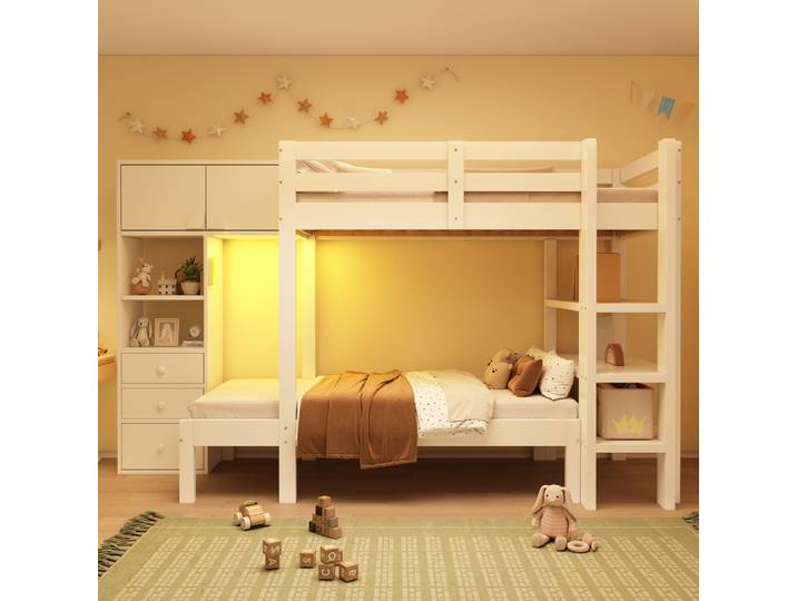 Lit superposé blanc 90x200cm avec veilleuse intelligente, lit pour enfants avec armoire, étagère et tiroirs, rangement spacieux, pour enfants