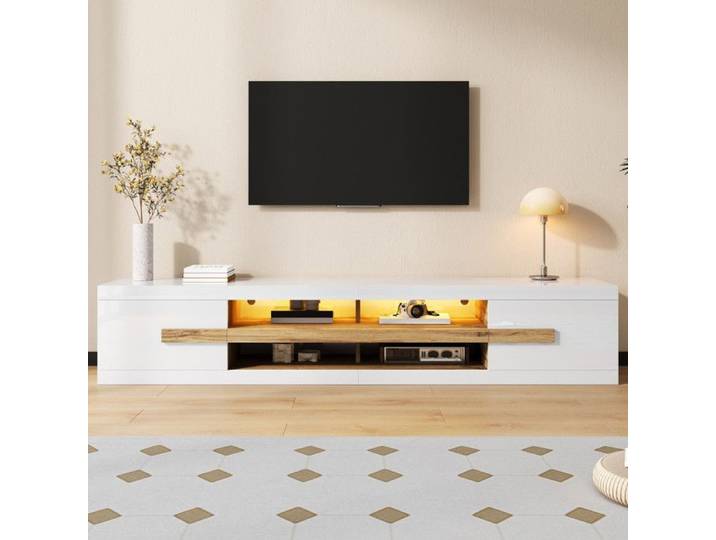 Meuble TV LED 2 portes Meuble TV de salon 200x40x38 cm Meuble TV moderne Meuble bas de rangement Eclairage LED Blanc