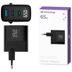 Neue Netzladegerät Encore Energy GaN QC 4+ PD 3.0 USB-A USB-C x2 65W MD-6583R mit Display.