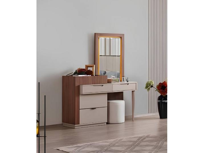 JVmoebel Schminktisch Beige-Braunes Designer Schminktisch mit Spiegel und Kommode (Set, 1-St., 1x Schminktisch mit Spiegel), Made in Europa