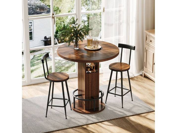 Ensemble table haute ronde 80 cm effet noyer 3 pieces avec 2 tabourets et rangement