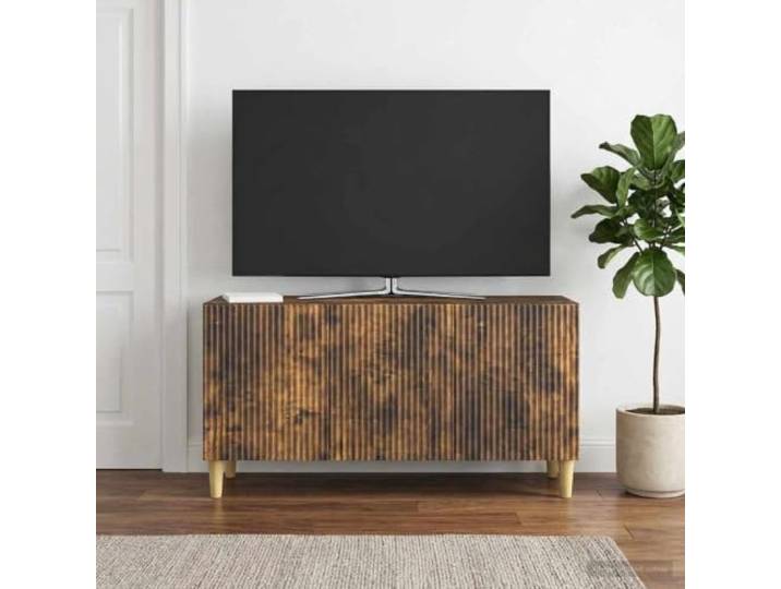GKMBCVDFR TV-Schrank 99 x 34,5 x 50 cm Räuchereiche Holzwerkstoff Vintage-Stil, braune Oberfläche, konische Beine, vielseitig, einfache Montage, pflegeleicht