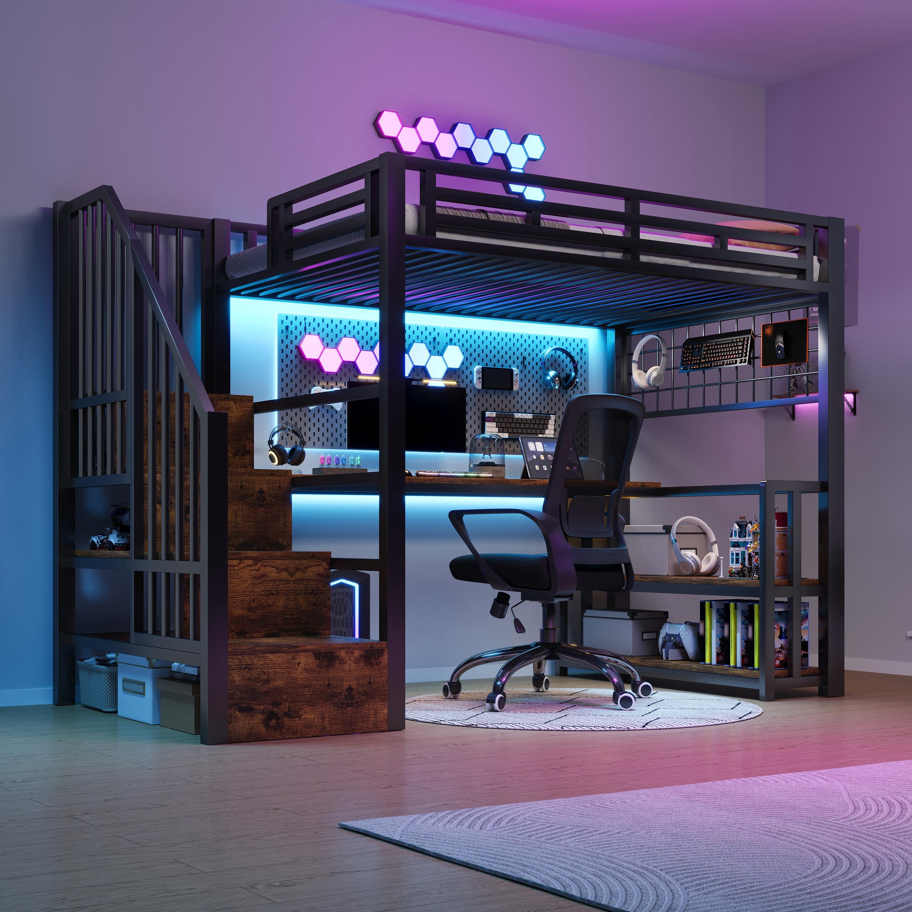 Hochbett, 90 x 200 cm, Eisenrahmen, Lagerregal, Hängendes Gitter, LED-Lichtleiste, Schreibtisch, Treppenkonstruktionen mit Stauraum