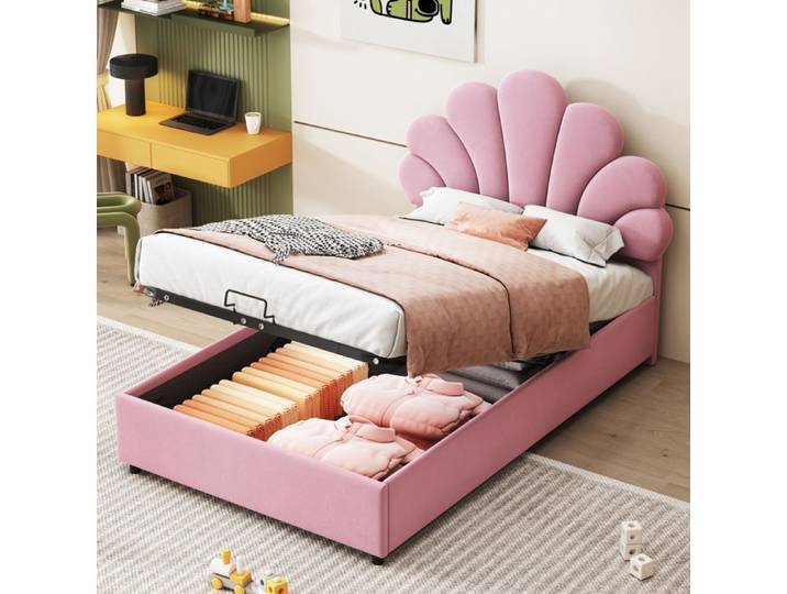 Lit Enfant - Rembourré - 90x200 cm - Tête de Lit Fleurie - Espace de Rangement - Velours Rose