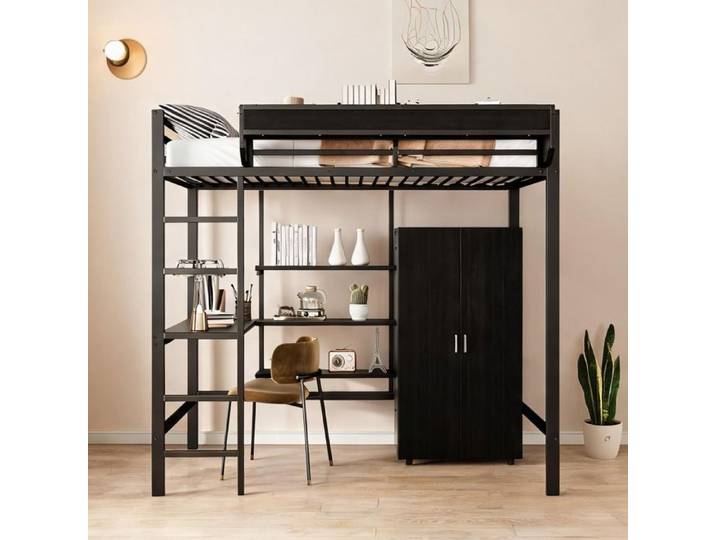 Lit superposé enfant et ado 90x200 cm avec bureau armoire et rangements métal et bois noir