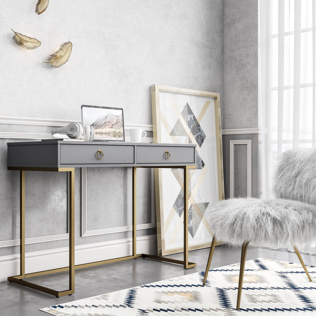 Inbox Zero Rectangle Writing Desk with Golden Metal Legs Graphite Grey 506.35cm H X 268.99cm W X 322.58cm D