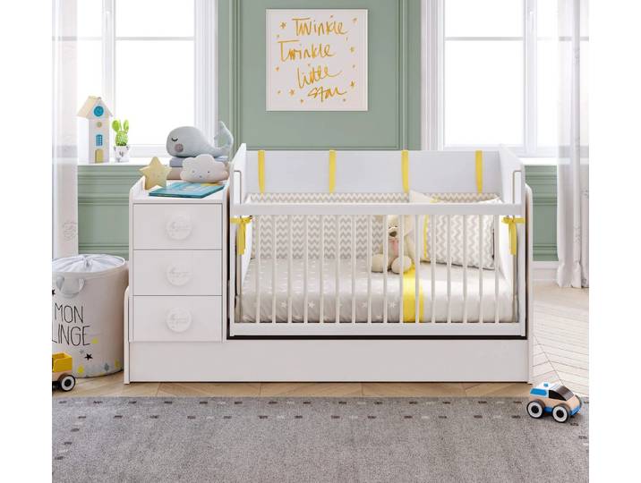Möbel-Zeit Babybett mit Schaukelfunktion, umbaubar zum Kinderbett + Tisch + Kommode, Schaukelbar. Umbaubar zum Kinderbett.