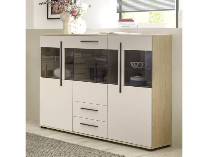 Lomadox Wohnzimmer Highboard 160 cm breit in Kaschmir Beige mit Cremona Eiche, inkl. 3 Türen & Glaseinlegeböden