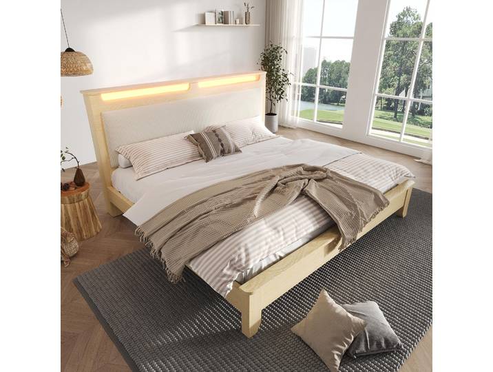 MODFU Lit avec Rangement 180x200 cm - Lit Double avec Coffre Intégré et LED\, Revêtement en Velours Côtelé\, Structure MDF\, Sans Matelas\, Beige